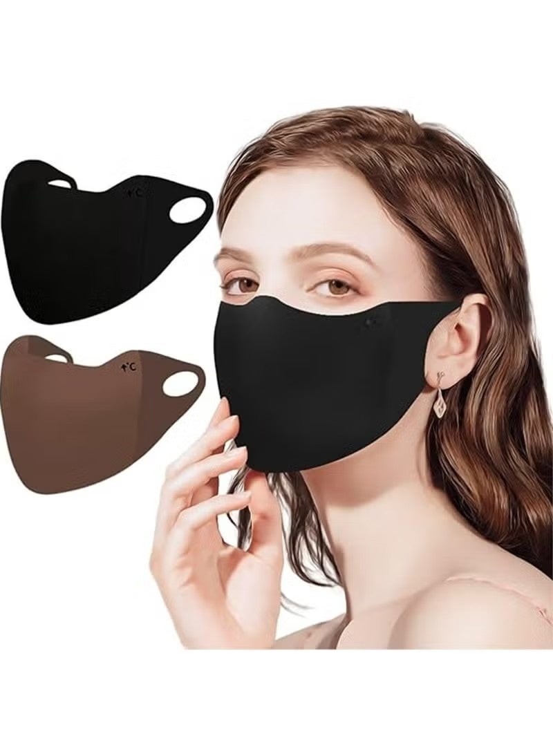 قناع وجه قماشي قابل لإعادة الاستخدام، ثلاثي الأبعاد، مقاوم للرياح والغبار، مناسب للطقس البارد، دافئ، قابل للغسل، قناع قماشي للرياضات الخارجية، نصف وجه، حلقات أذن (أسود + بني داكن، قطعتان) - Image 1